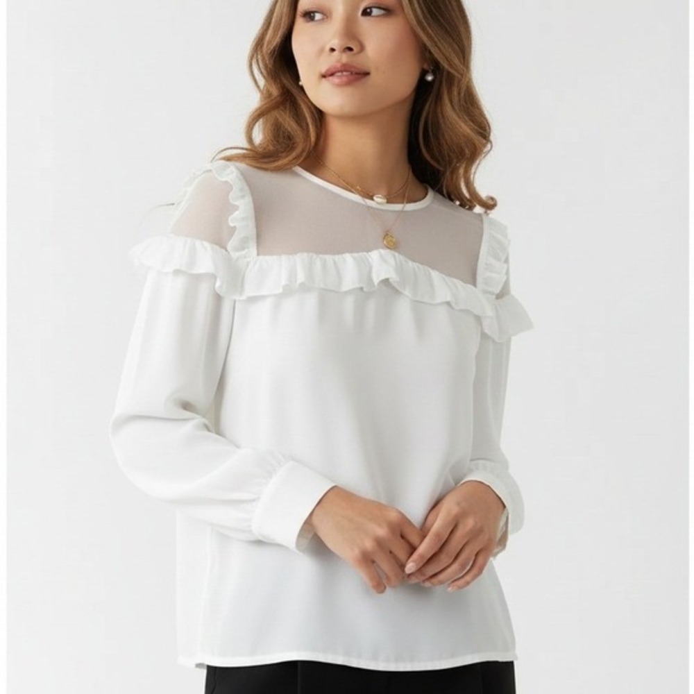 LM Womens Coquette Ruffle Top White Sheer Mesh Long Sleeve Romantic Size M Fairy